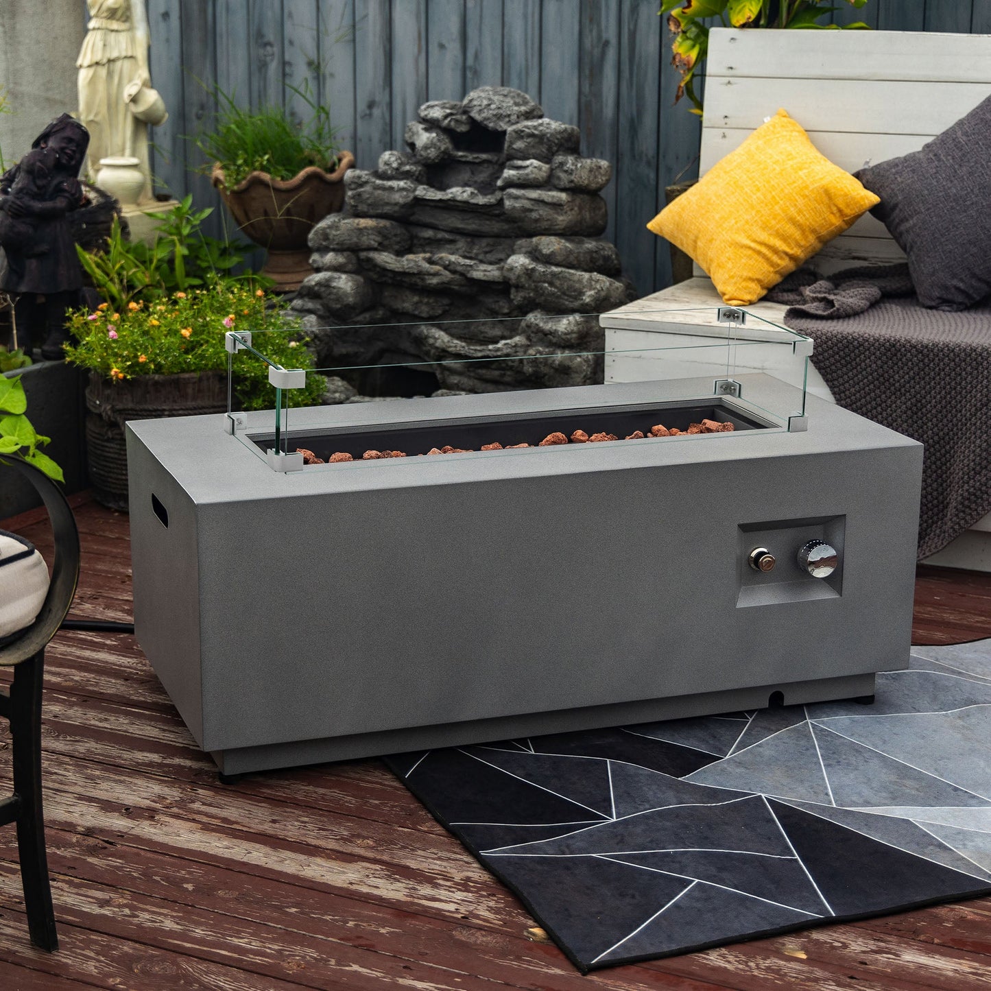 42' Propane Gas Fire Pit Table, 50000 BTU Rectangular Steel Fire Pit with Glass Wind Guard for Outside Patio Deck Garden Courtyard -Gray