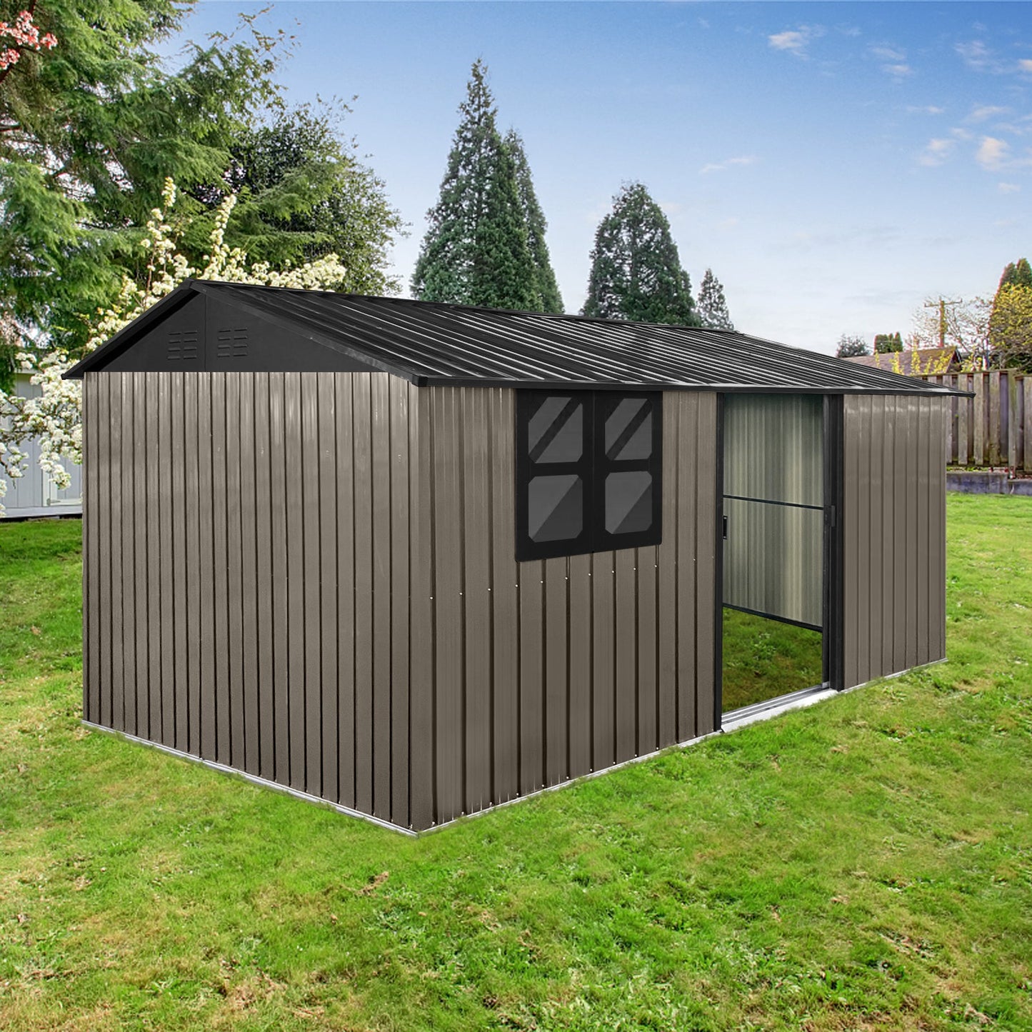 Metal garden sheds 12ftx10ft outdoor storage sheds brown with window with sliding door