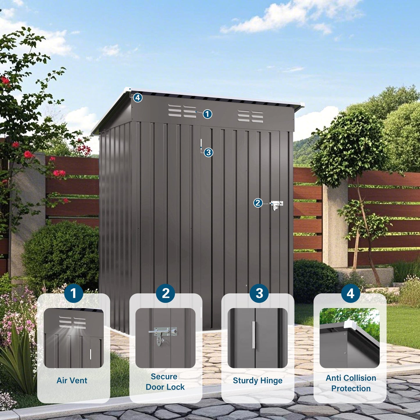 5x3 FT Durable Metal Shed Outdoor Storage Shed with Pitched Roof and Lockable Door, Gray