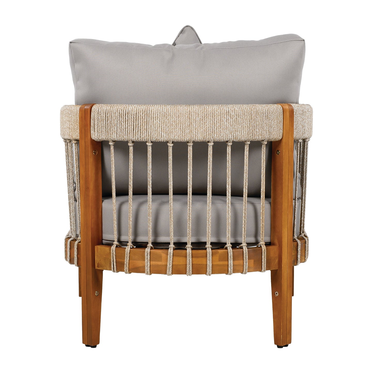 Acacia Wood Outdoor Club Chair with Handwoven Rope Accents & Curved Backrest - Water-Resistant Boho Patio Lounge Chair with Removable Cushions for Porch, Garden