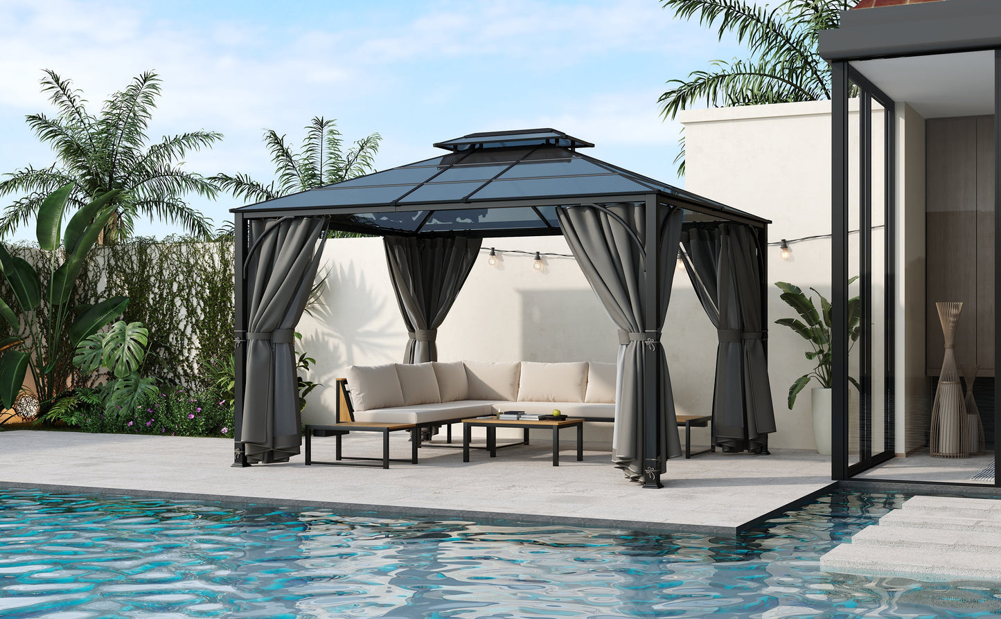 TREXM 10'x12' Hardtop Outdoor Gazebo, Heavy Duty Double Roof Patio Gazebo with Aluminum Frame, Double-Layer Side Walls Mosquito Netting & Privacy Curtains for Patio, Garden, Backyard (Grey)