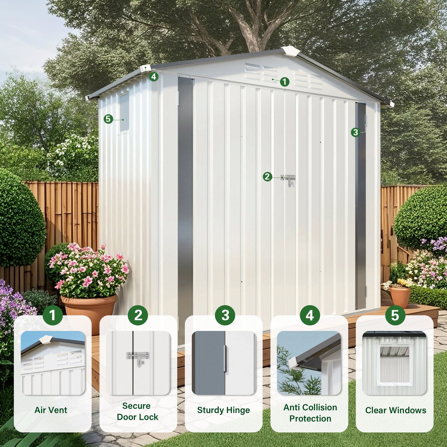 6X3.5FT Metal Storage Shed,Tool Shed with Pitched Roof Watertight with Positive Window and Lockable Door Compact Tool Shed for Garden, Backyard,Patio,Sundries and Bike Storage, White+Gray