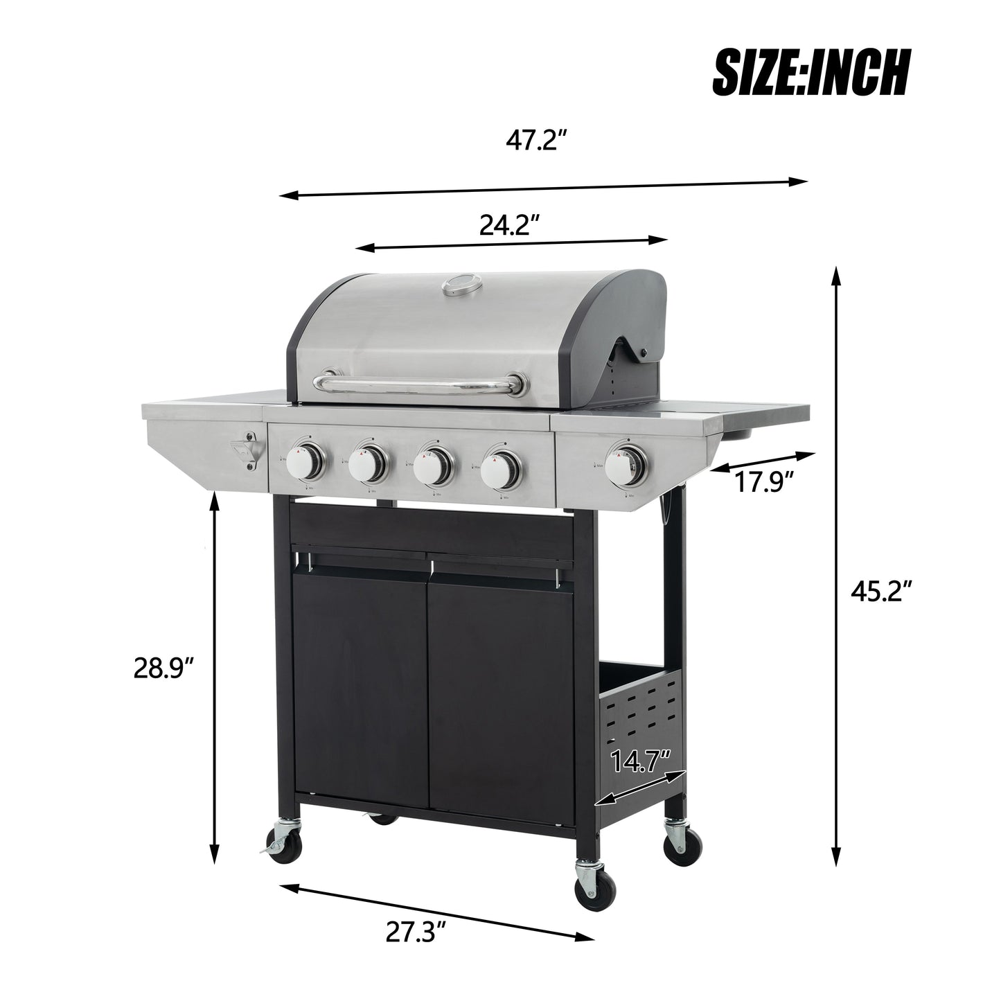 Propane Grill 4 Burner Barbecue Grill Stainless Steel Gas Grill with Side Burner, 46,500 BTU Outdoor Cooking, Patio, Garden Barbecue Grill, Black and Silver