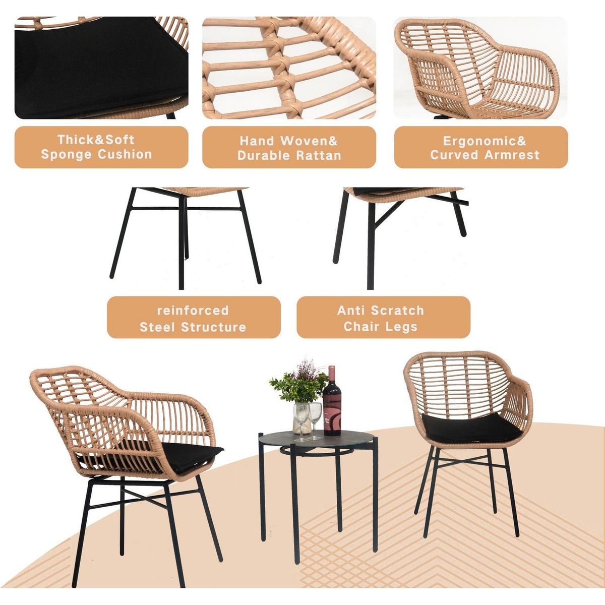 3 Pieces Of Luxury Outdoor Wicker Furniture - Patio Bistro Style Table And Chair Combination
