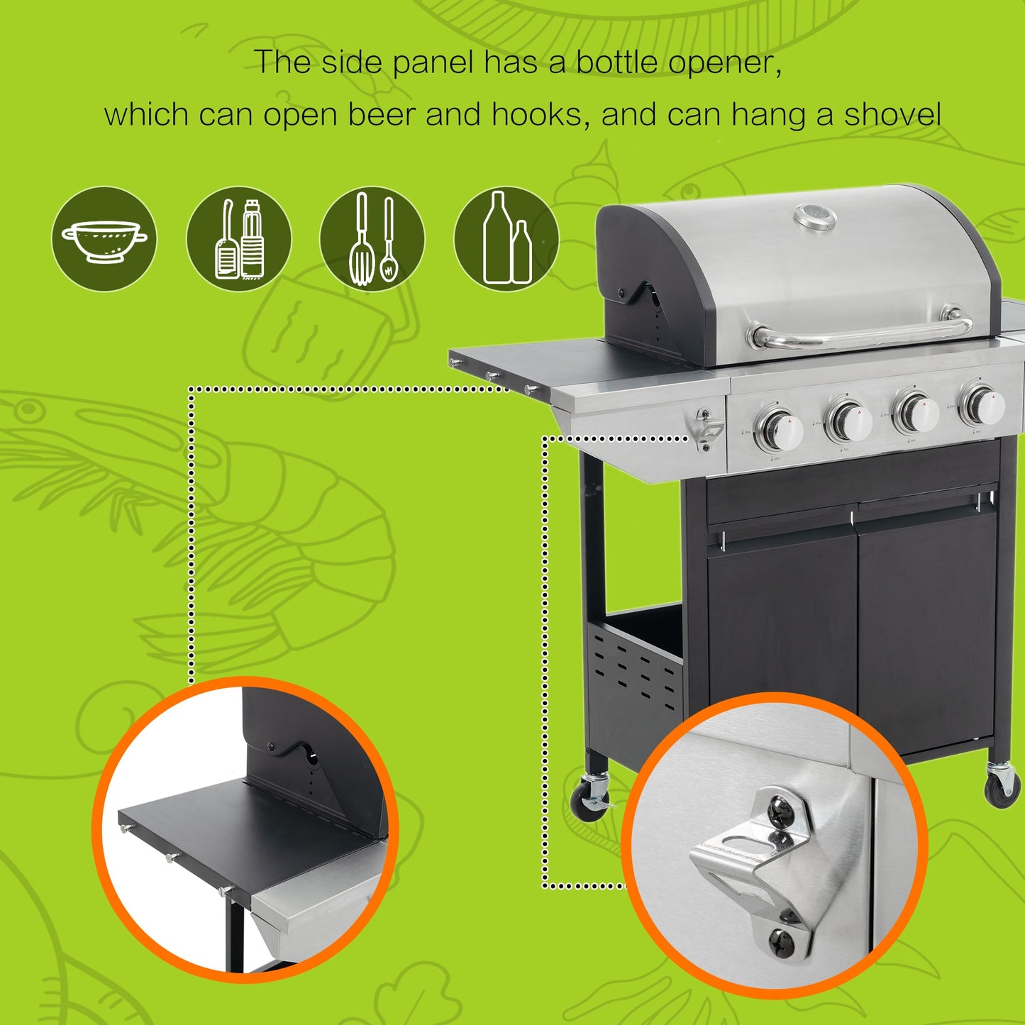 Propane Grill 4 Burner Barbecue Grill Stainless Steel Gas Grill with Side Burner, 46,500 BTU Outdoor Cooking, Patio, Garden Barbecue Grill, Black and Silver