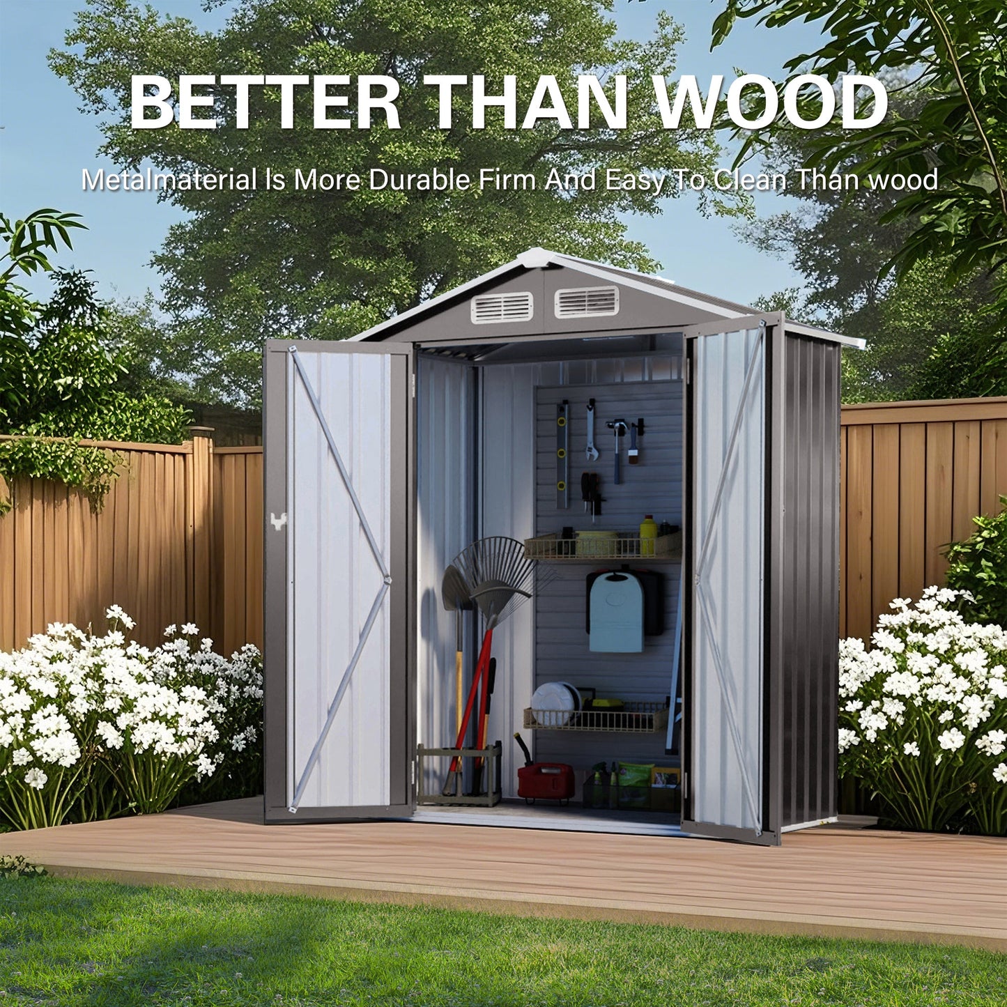 5X3 FT Compact Metal Outdoor Storage Shed with Pitched Roof, Lockable Door, Gray