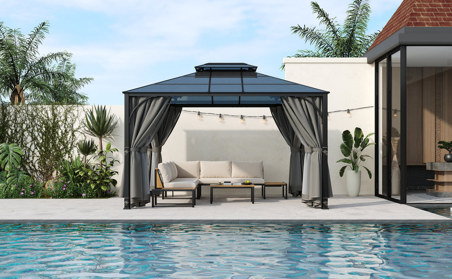 TREXM 10'x12' Hardtop Outdoor Gazebo, Heavy Duty Double Roof Patio Gazebo with Aluminum Frame, Double-Layer Side Walls Mosquito Netting & Privacy Curtains for Patio, Garden, Backyard (Grey)