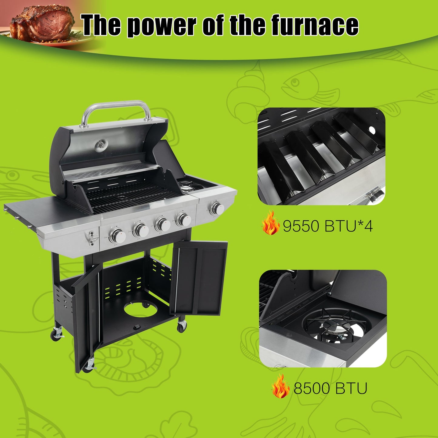 Propane Grill 4 Burner Barbecue Grill Stainless Steel Gas Grill with Side Burner, 46,500 BTU Outdoor Cooking, Patio, Garden Barbecue Grill, Black and Silver