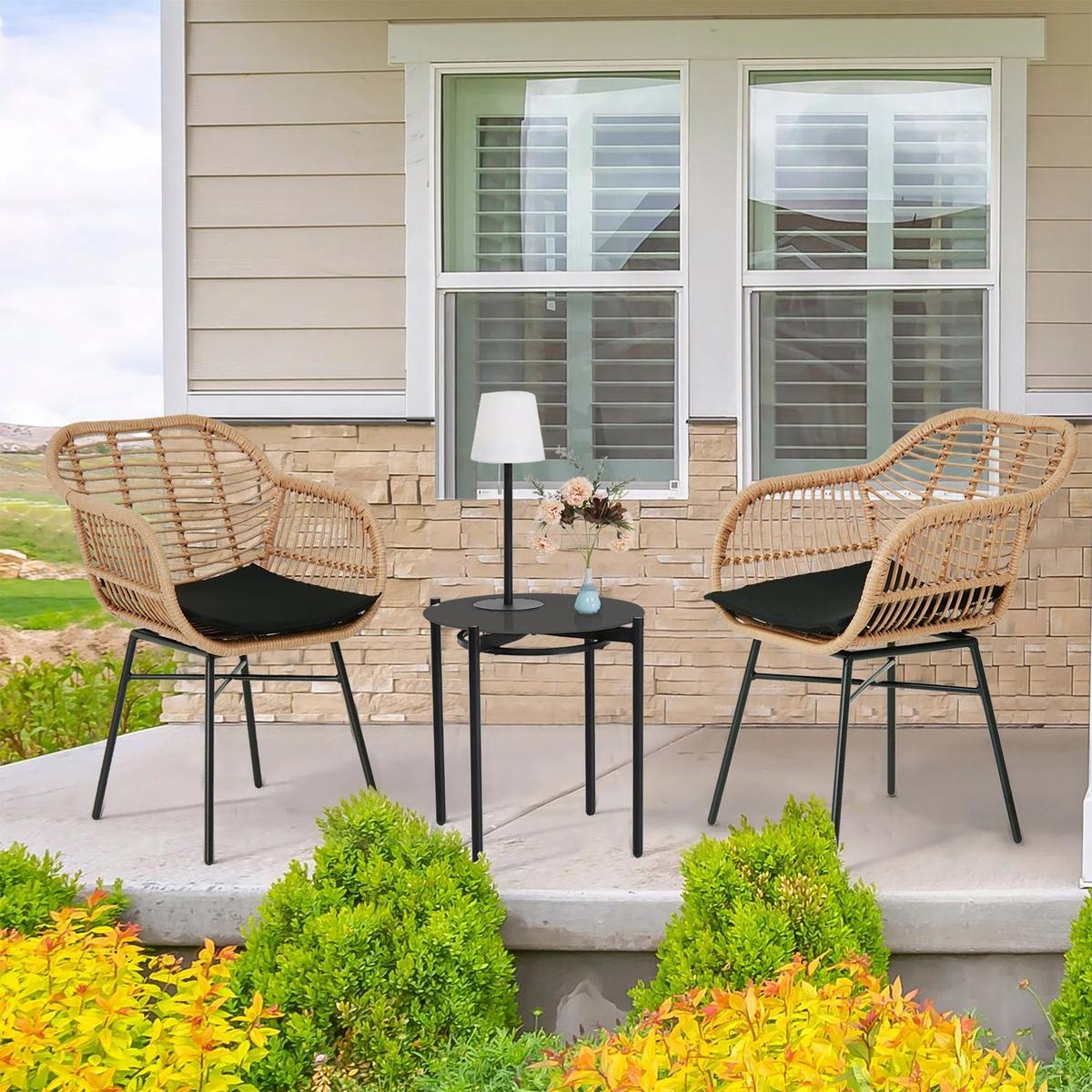 3 Pieces Of Luxury Outdoor Wicker Furniture - Patio Bistro Style Table And Chair Combination