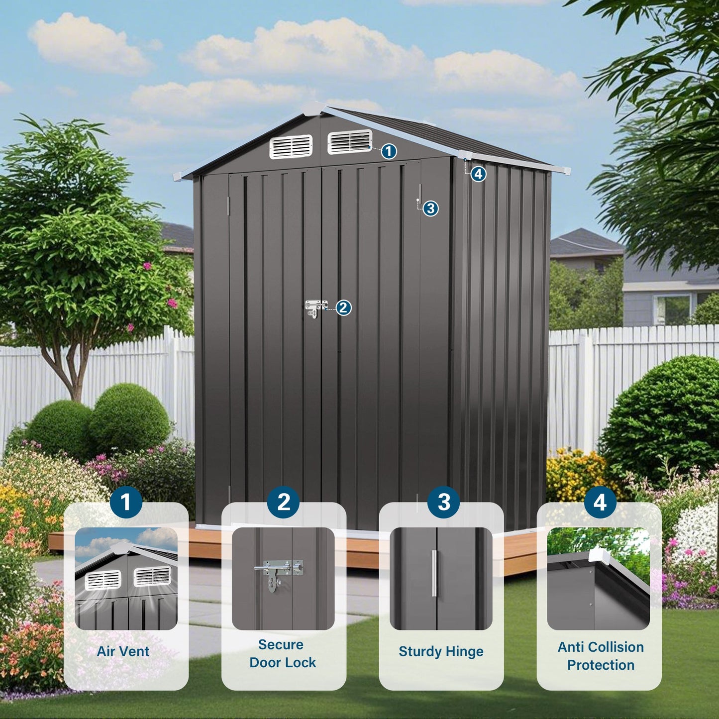 5X3 FT Compact Metal Outdoor Storage Shed with Pitched Roof, Lockable Door, Gray