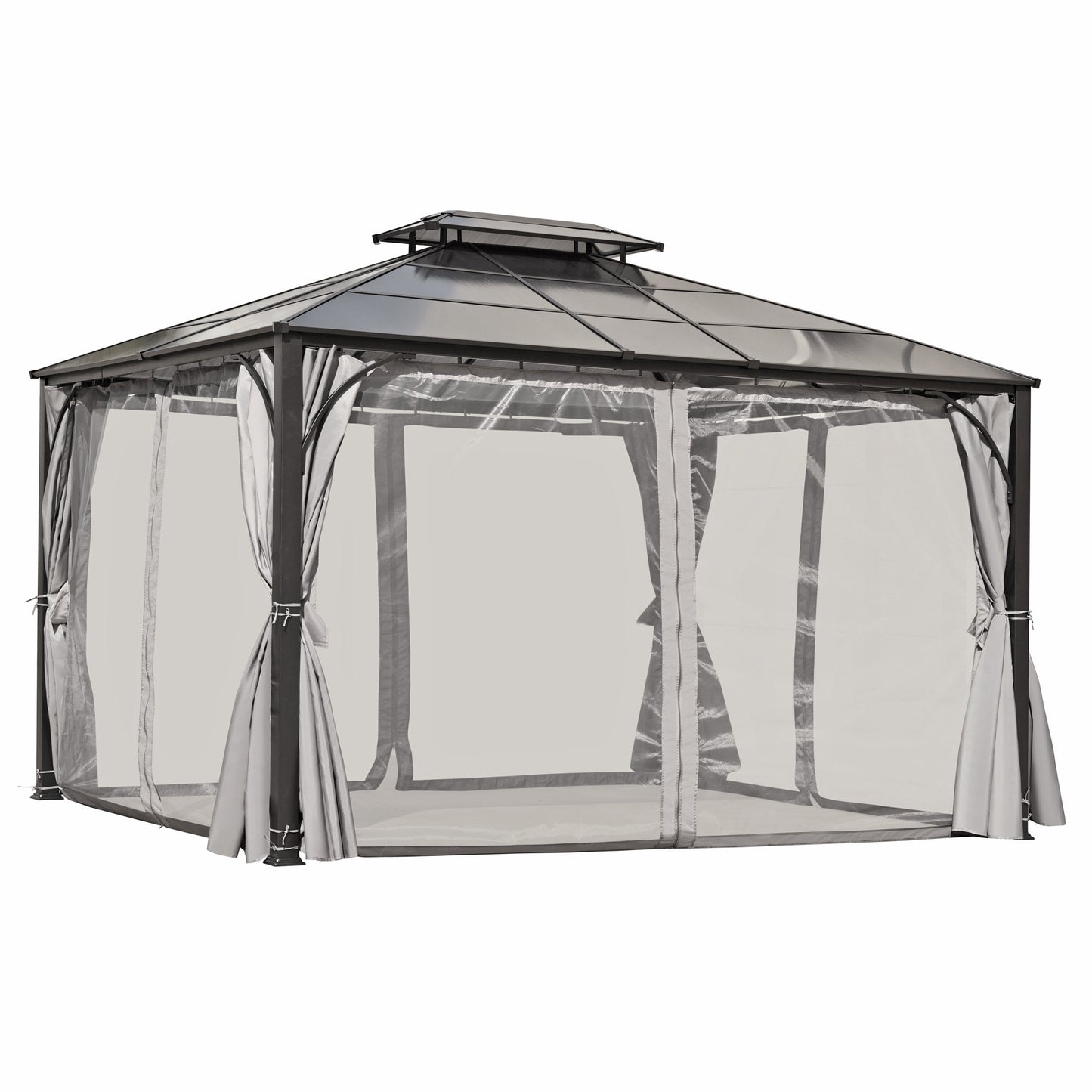 TREXM 10'x12' Hardtop Outdoor Gazebo, Heavy Duty Double Roof Patio Gazebo with Aluminum Frame, Double-Layer Side Walls Mosquito Netting & Privacy Curtains for Patio, Garden, Backyard (Grey)