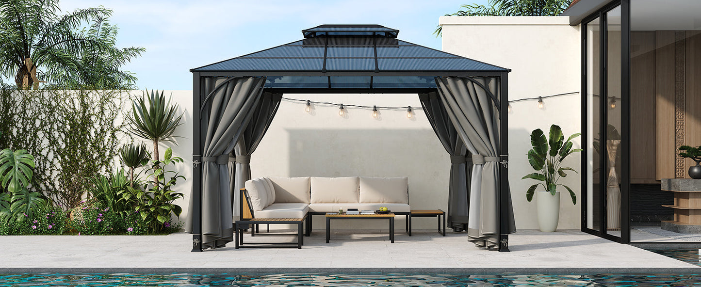 TREXM 10'x12' Hardtop Outdoor Gazebo, Heavy Duty Double Roof Patio Gazebo with Aluminum Frame, Double-Layer Side Walls Mosquito Netting & Privacy Curtains for Patio, Garden, Backyard (Grey)