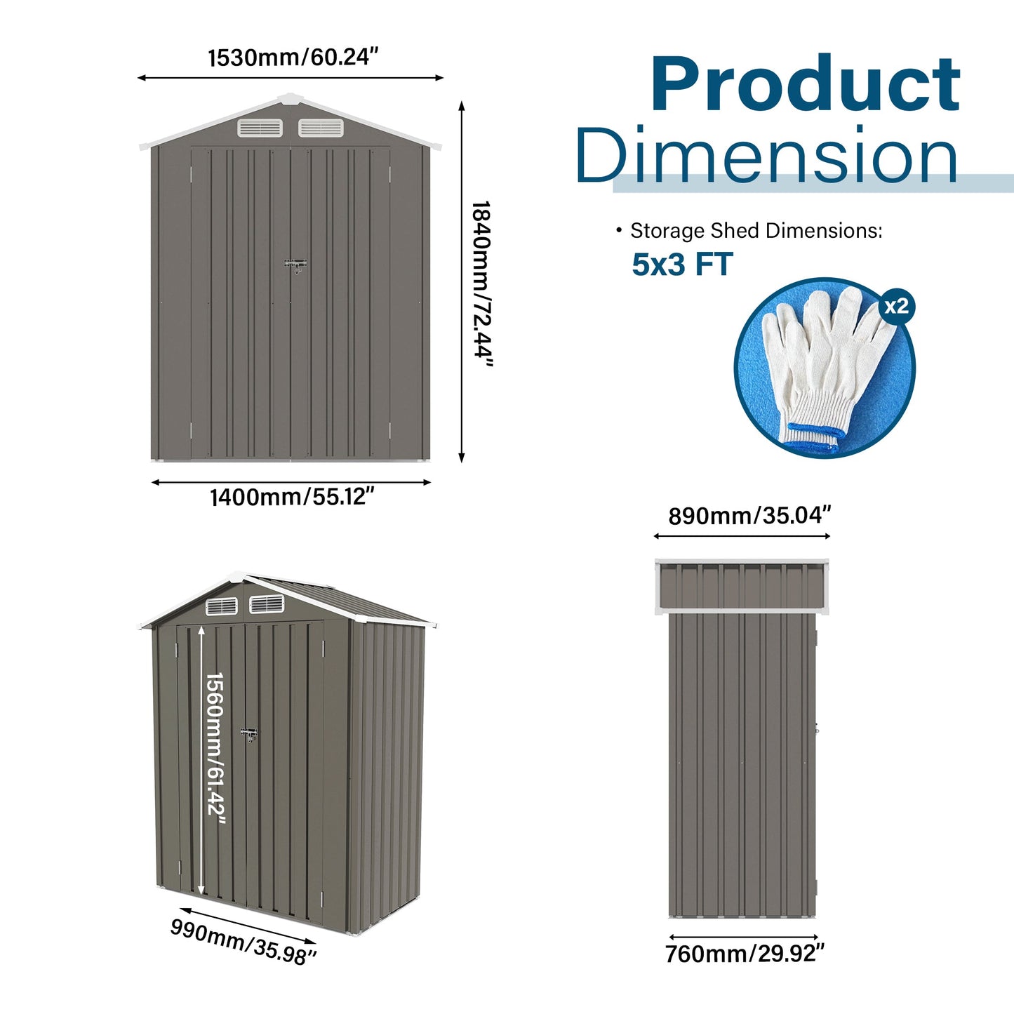 5X3 FT Compact Metal Outdoor Storage Shed with Pitched Roof, Lockable Door, Gray