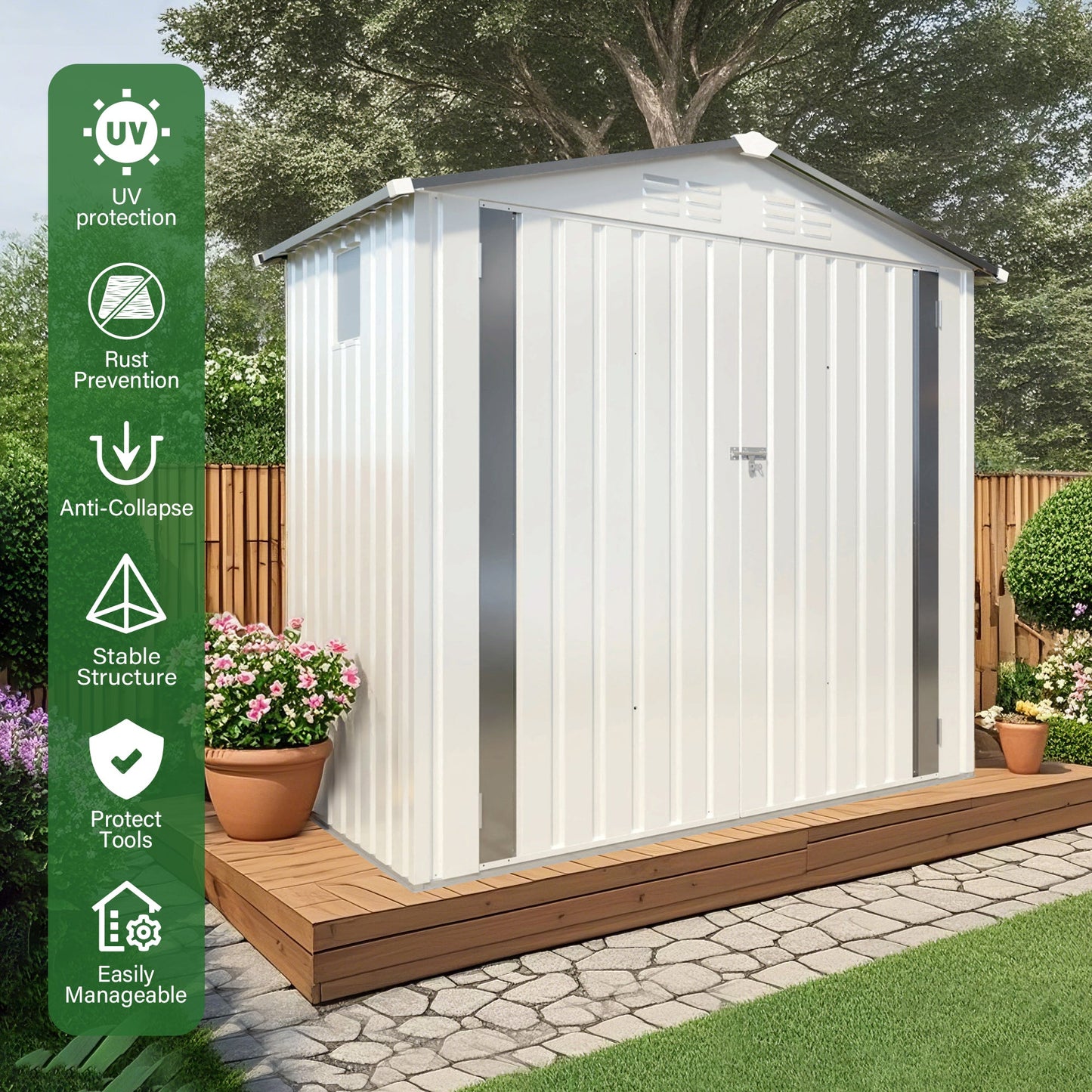 6X3.5FT Metal Storage Shed,Tool Shed with Pitched Roof Watertight with Positive Window and Lockable Door Compact Tool Shed for Garden, Backyard,Patio,Sundries and Bike Storage, White+Gray
