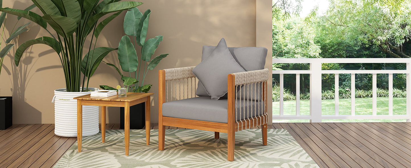 Acacia Wood Outdoor Club Chair with Handwoven Rope Accents & Curved Backrest - Water-Resistant Boho Patio Lounge Chair with Removable Cushions for Porch, Garden