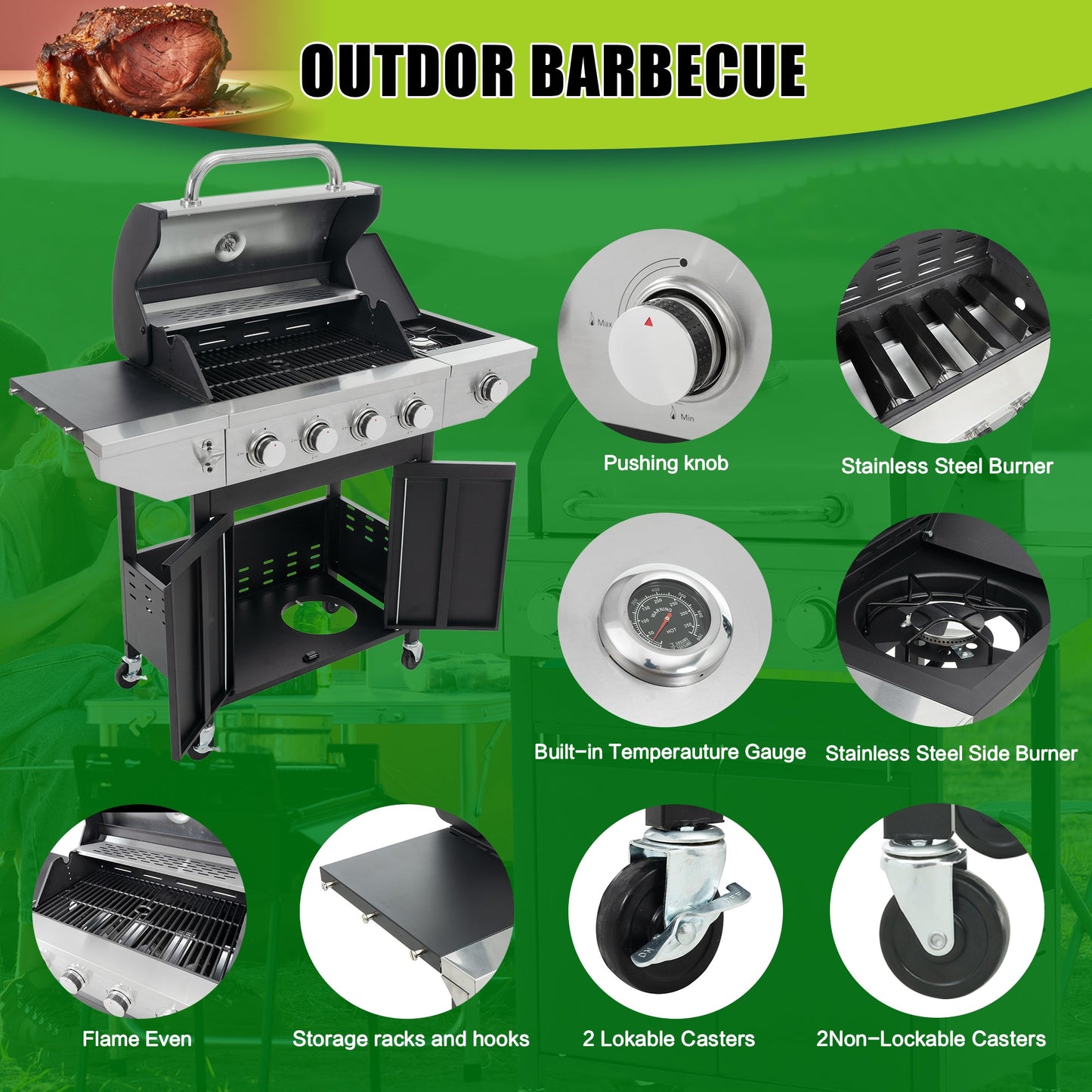 Propane Grill 4 Burner Barbecue Grill Stainless Steel Gas Grill with Side Burner, 46,500 BTU Outdoor Cooking, Patio, Garden Barbecue Grill, Black and Silver