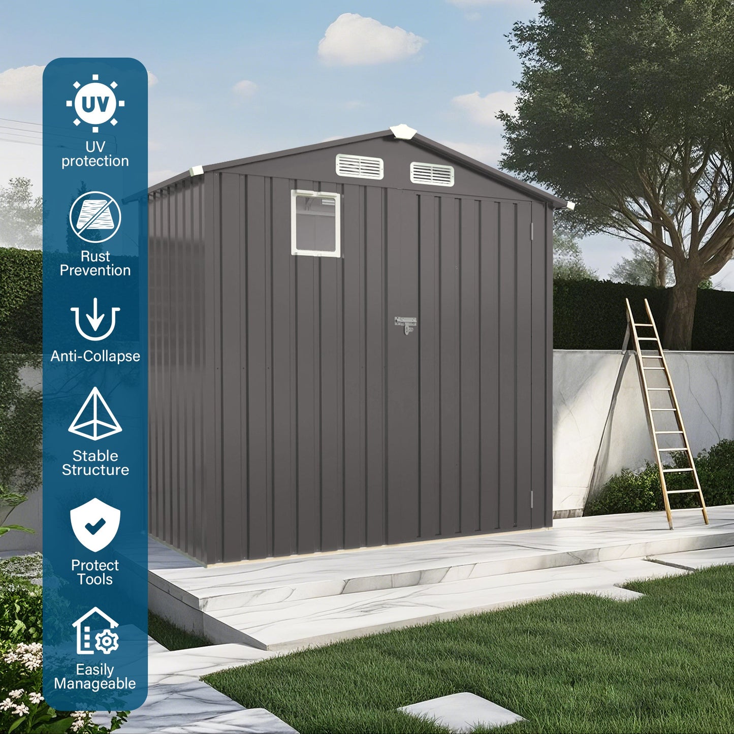 6X 3.5FT Metal Outdoor Storage Shed, Tool Shed with Pitched Roof Watertight with Positive Window and Lockable Door Compact Metal Tool Room for Garden, Backyard, Patio, Sundries and Bike Storage, Gray