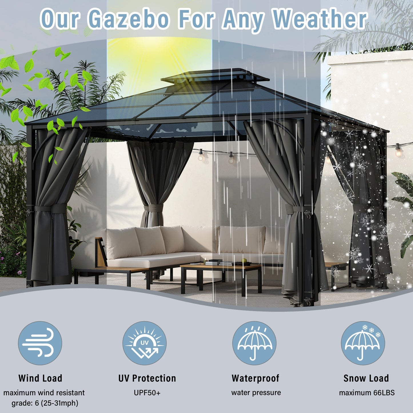 TREXM 10'x12' Hardtop Outdoor Gazebo, Heavy Duty Double Roof Patio Gazebo with Aluminum Frame, Double-Layer Side Walls Mosquito Netting & Privacy Curtains for Patio, Garden, Backyard (Grey)