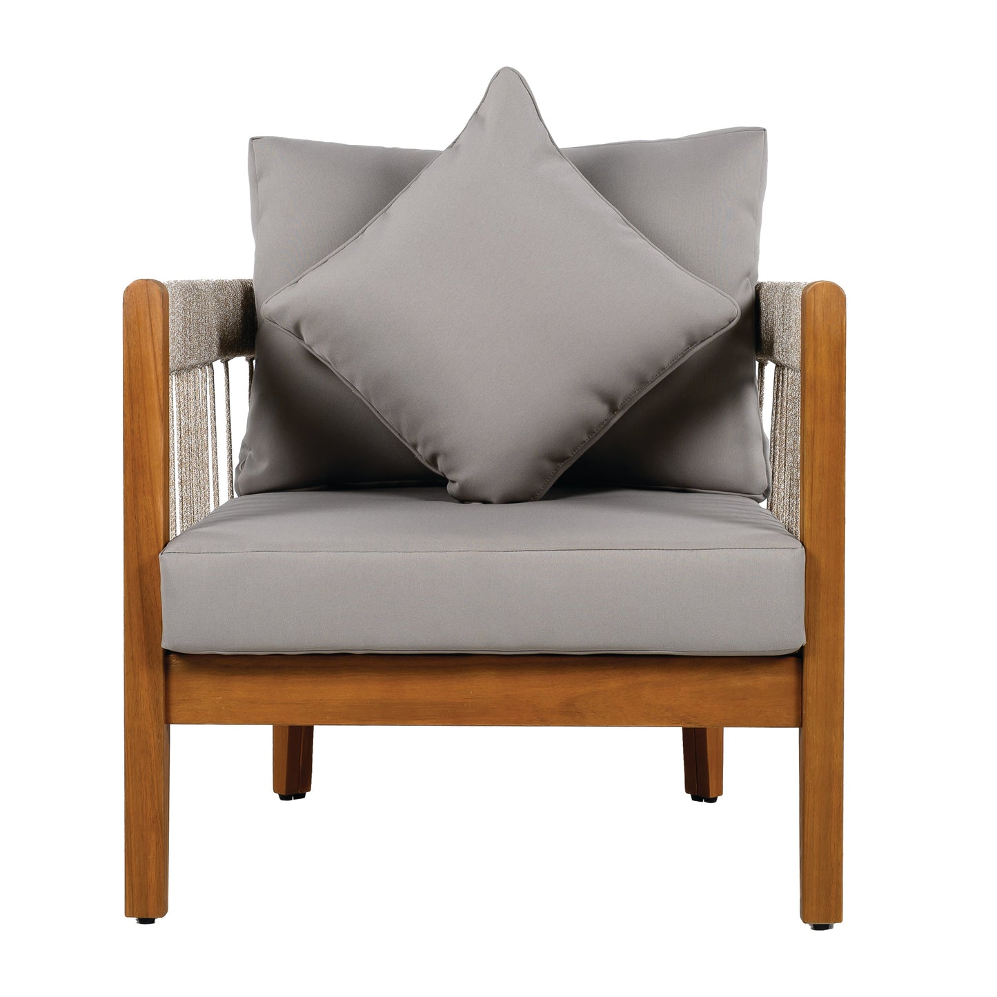 Acacia Wood Outdoor Club Chair with Handwoven Rope Accents & Curved Backrest - Water-Resistant Boho Patio Lounge Chair with Removable Cushions for Porch, Garden