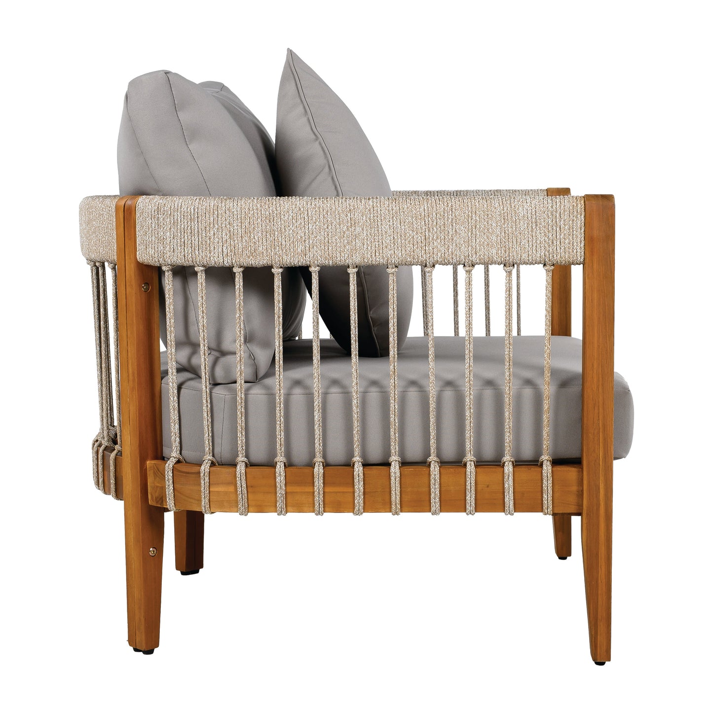 Acacia Wood Outdoor Club Chair with Handwoven Rope Accents & Curved Backrest - Water-Resistant Boho Patio Lounge Chair with Removable Cushions for Porch, Garden
