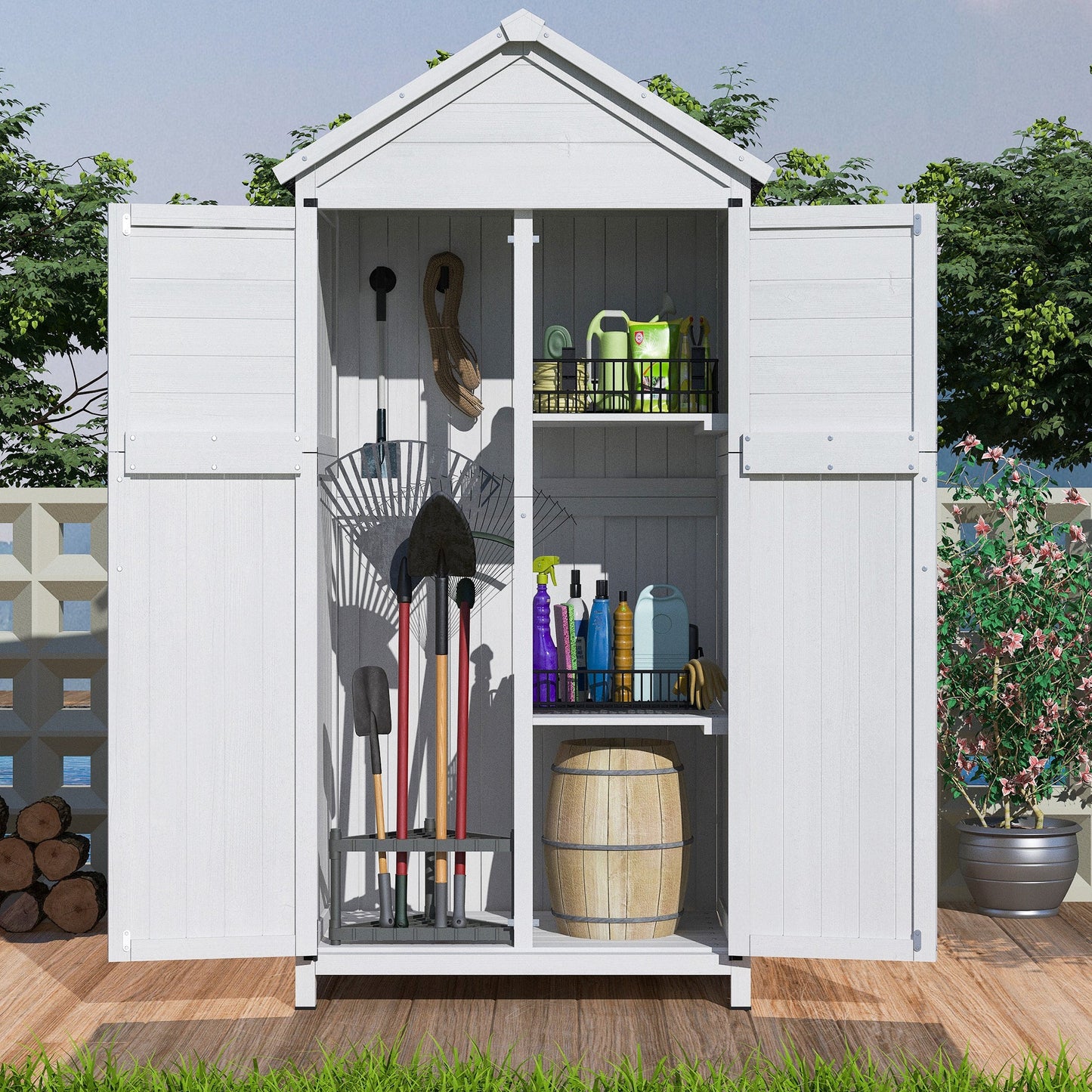 67' White Fir Wood Storage Shed with Double Doors