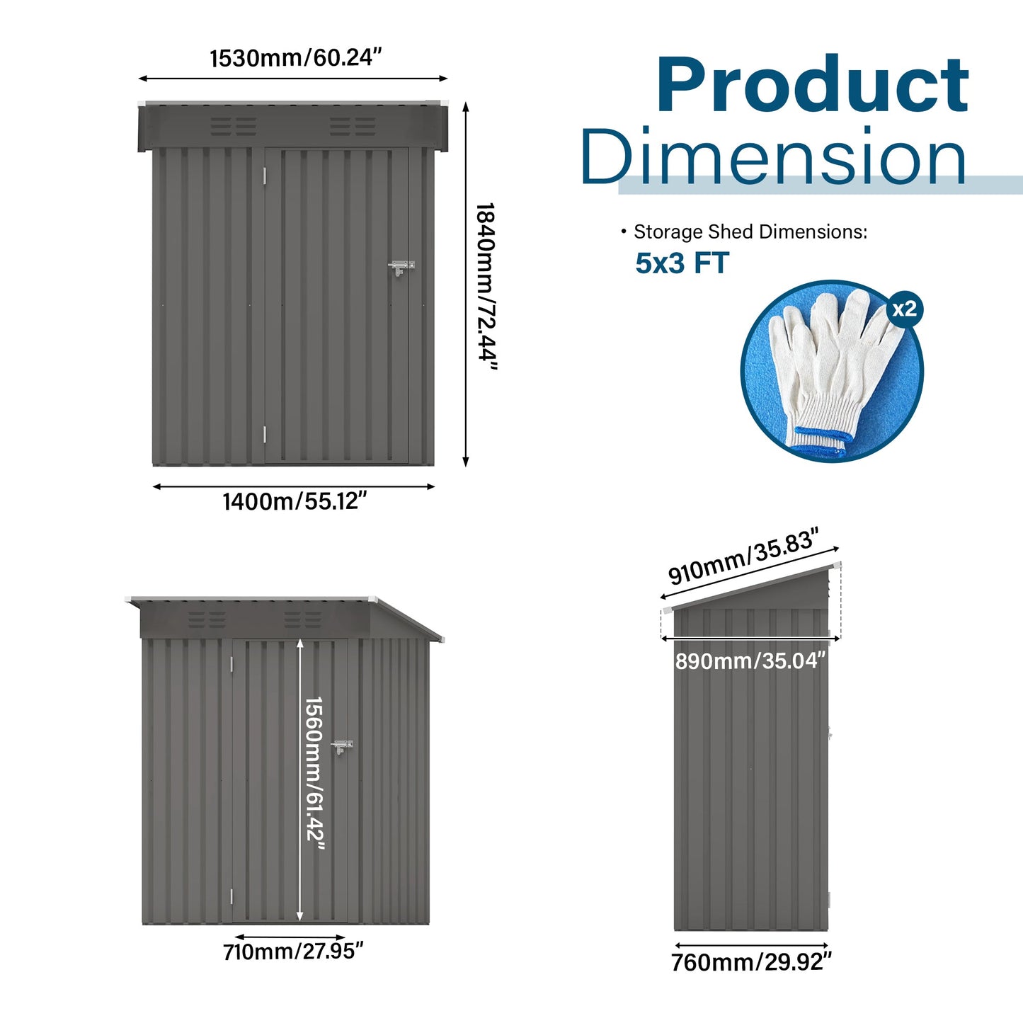 5x3 FT Durable Metal Shed Outdoor Storage Shed with Pitched Roof and Lockable Door, Gray