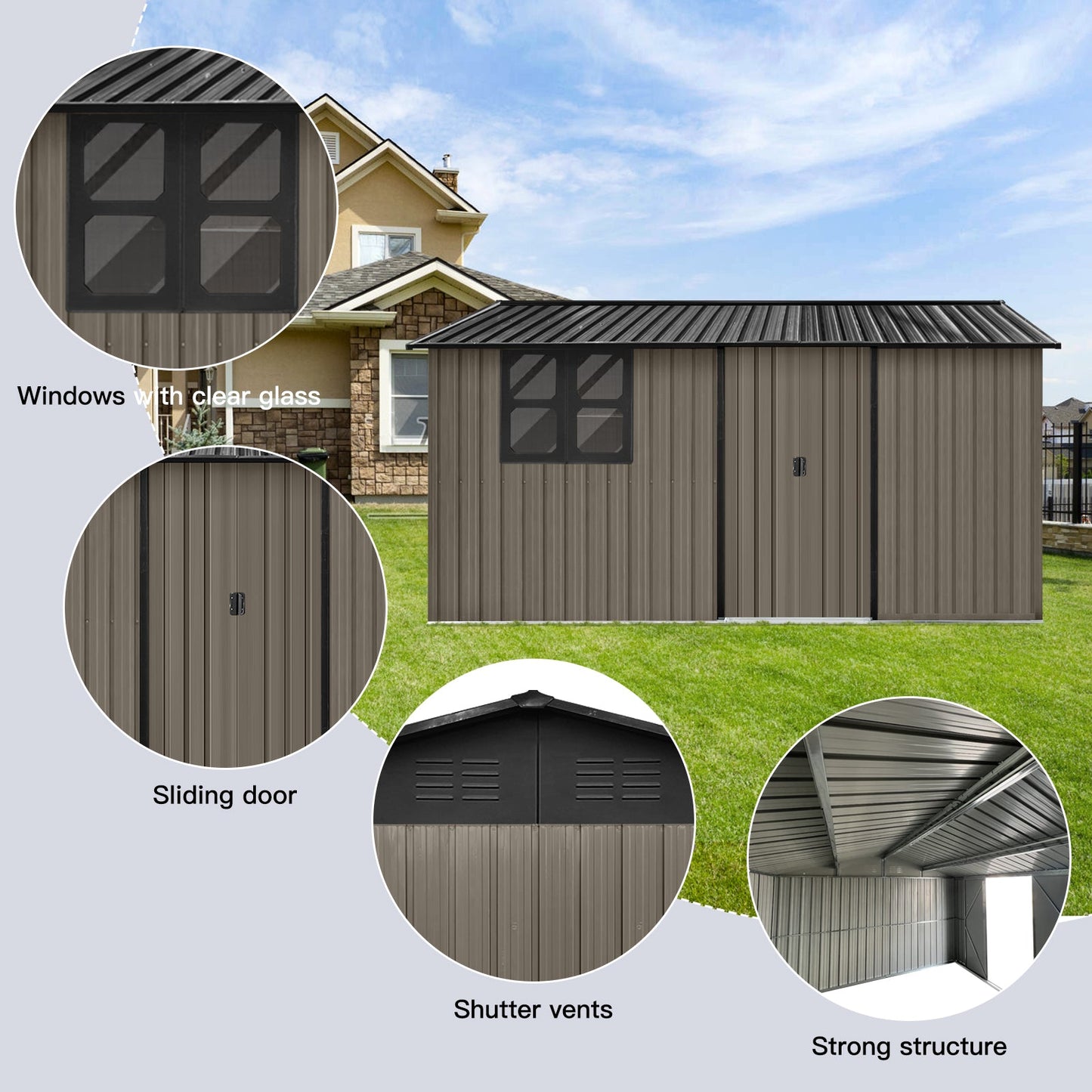 Metal garden sheds 12ftx10ft outdoor storage sheds brown with window with sliding door