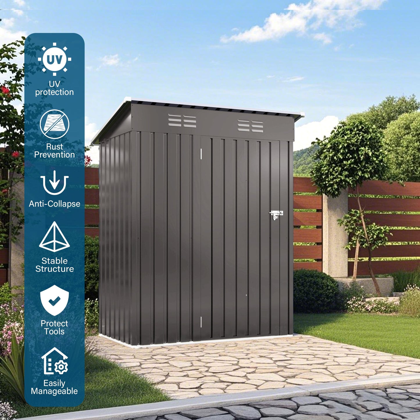 5x3 FT Durable Metal Shed Outdoor Storage Shed with Pitched Roof and Lockable Door, Gray