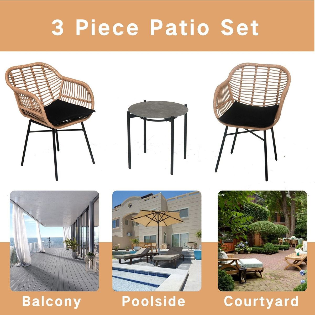 3 Pieces Of Luxury Outdoor Wicker Furniture - Patio Bistro Style Table And Chair Combination