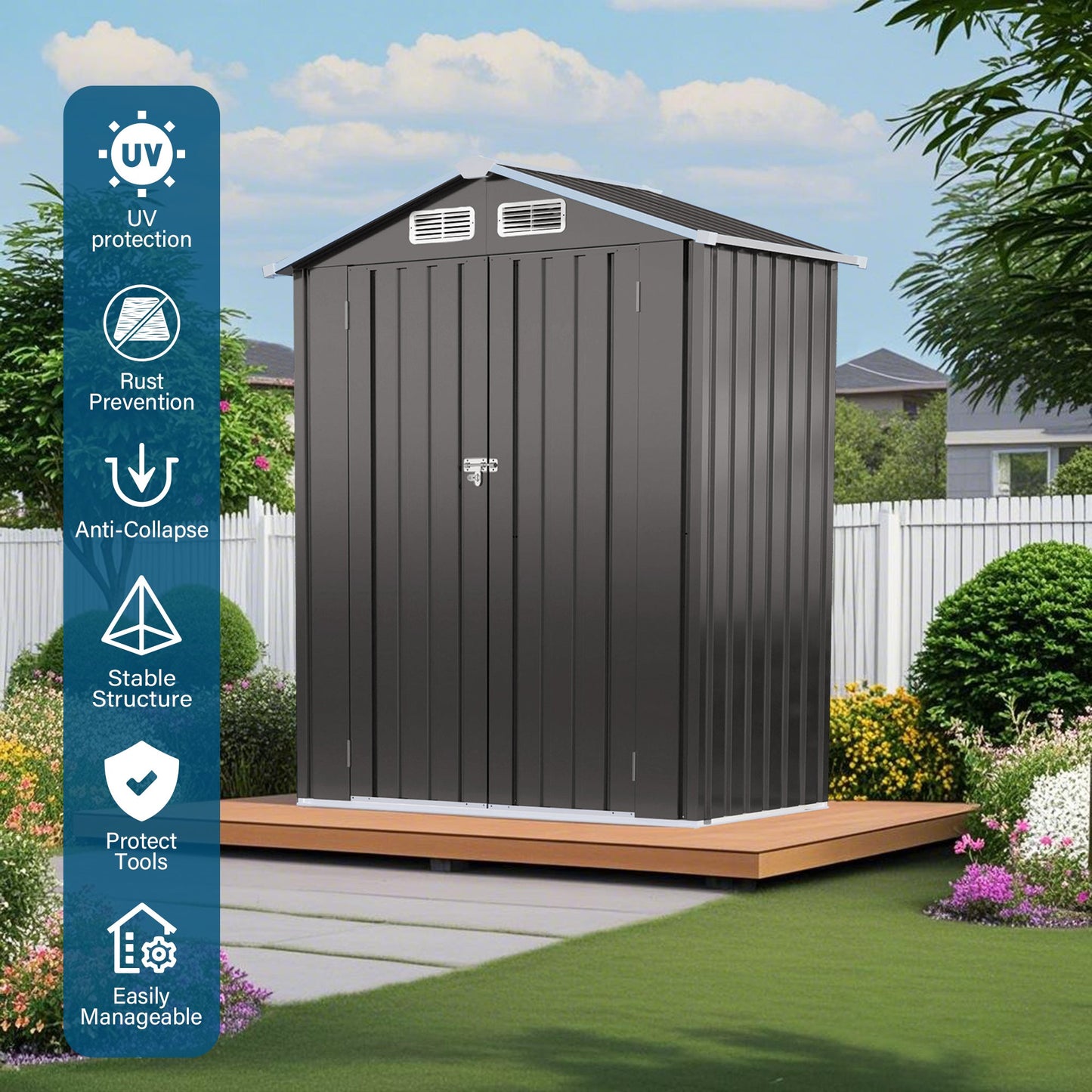 5X3 FT Compact Metal Outdoor Storage Shed with Pitched Roof, Lockable Door, Gray