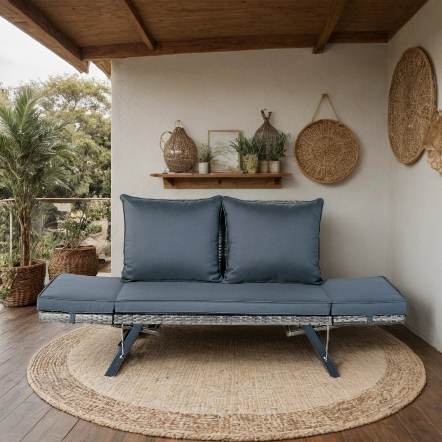 1 PCS Patio Wicker Side Foldable Bench Patio Backyard Conversation Bench Grey Wicker + Dark Grey Cushion