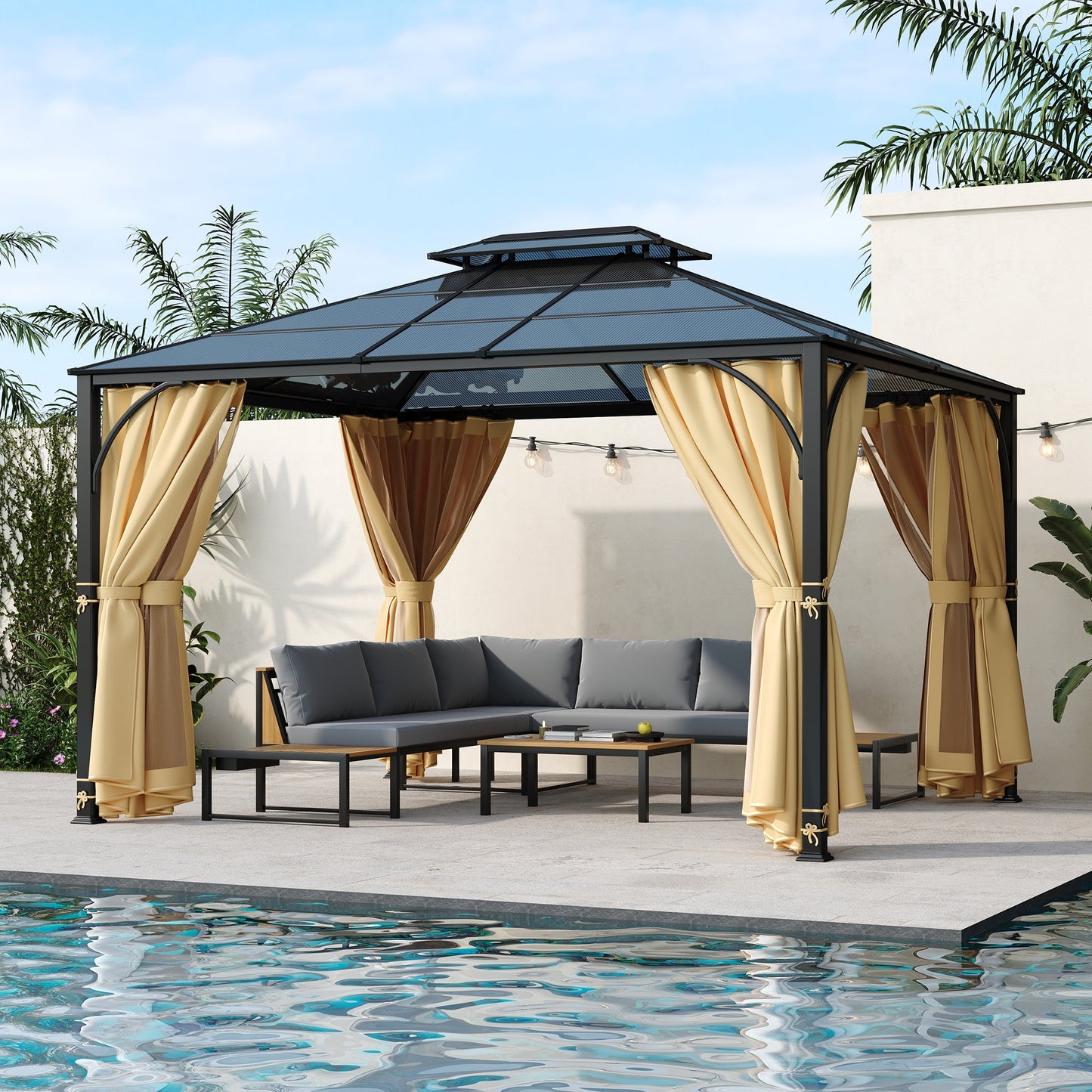 TREXM 10'x12' Hardtop Outdoor Gazebo, Heavy Duty Double Roof Patio Gazebo with Aluminum Frame, Double-Layer Side Walls Mosquito Netting & Privacy Curtains for Patio, Garden, Backyard (Beige)