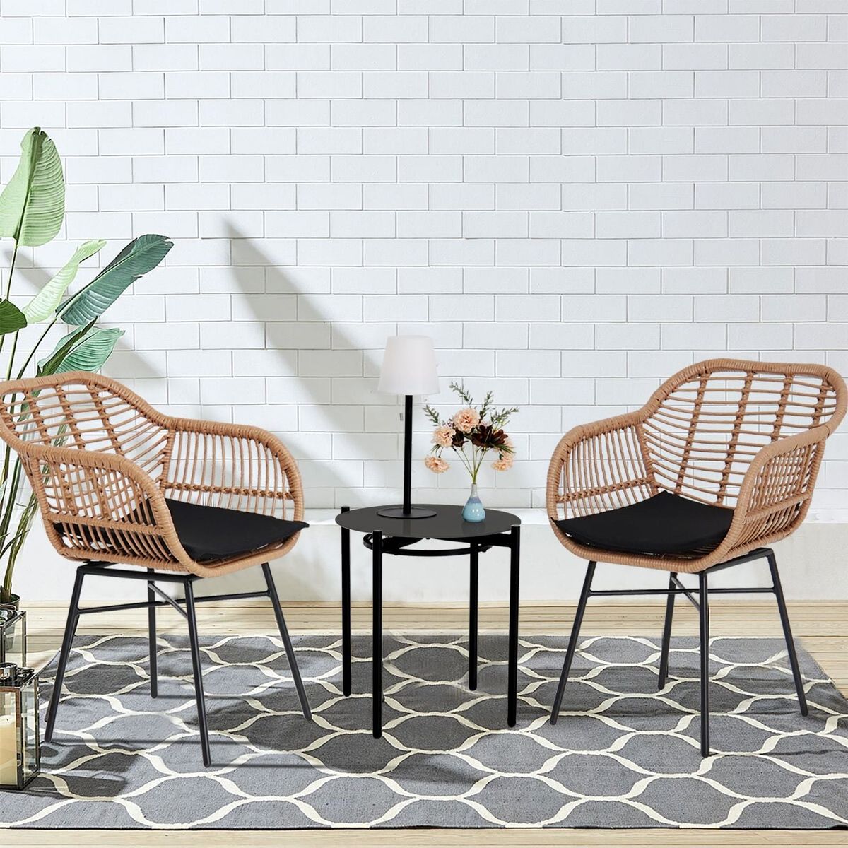 3 Pieces Of Luxury Outdoor Wicker Furniture - Patio Bistro Style Table And Chair Combination