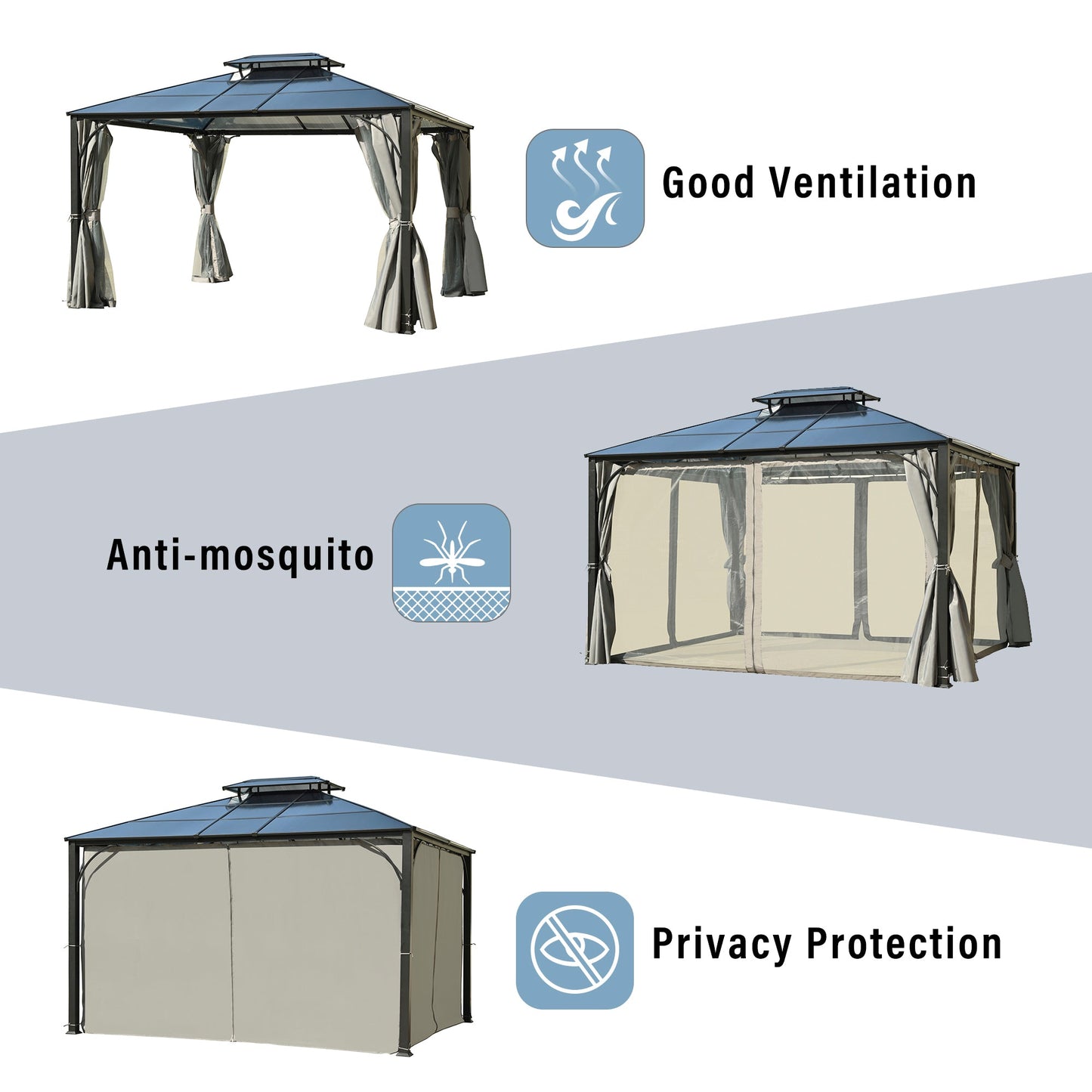 TREXM 10'x12' Hardtop Outdoor Gazebo, Heavy Duty Double Roof Patio Gazebo with Aluminum Frame, Double-Layer Side Walls Mosquito Netting & Privacy Curtains for Patio, Garden, Backyard (Grey)
