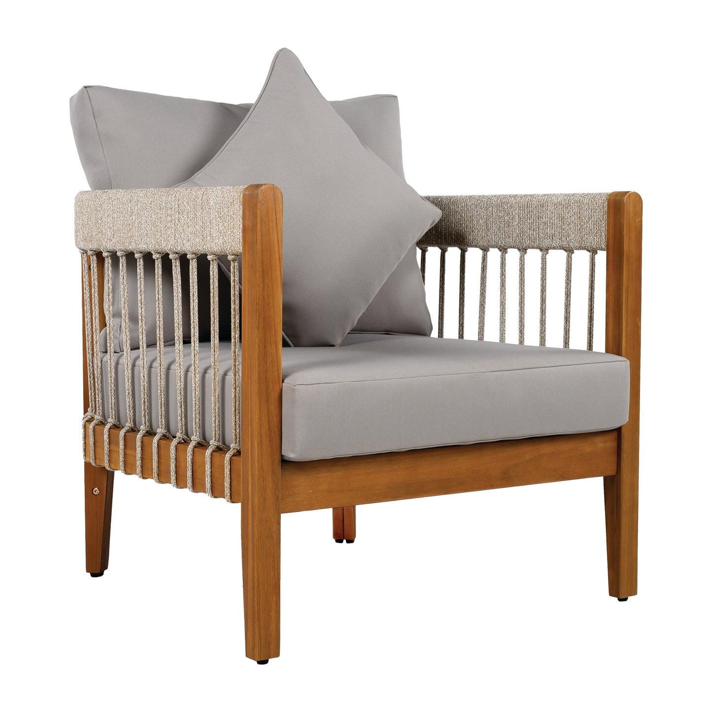Acacia Wood Outdoor Club Chair with Handwoven Rope Accents & Curved Backrest - Water-Resistant Boho Patio Lounge Chair with Removable Cushions for Porch, Garden