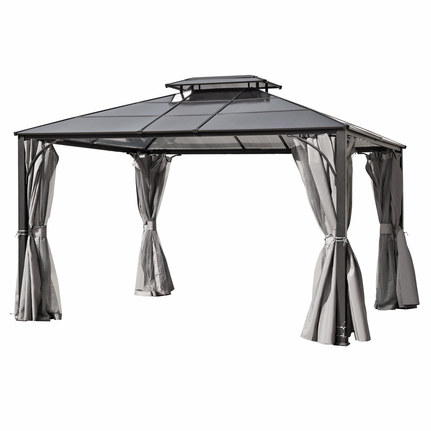 TREXM 10'x12' Hardtop Outdoor Gazebo, Heavy Duty Double Roof Patio Gazebo with Aluminum Frame, Double-Layer Side Walls Mosquito Netting & Privacy Curtains for Patio, Garden, Backyard (Grey)