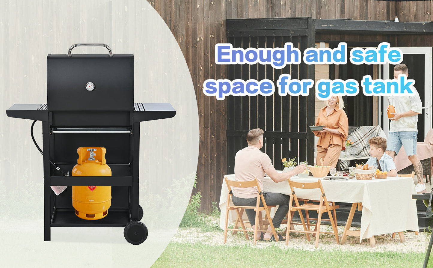 Propane Gas Grill 3 Burner Barbecue Grill, Stainless Steel 26,000 BTU Patio Garden Barbecue Grill with Two Shelves, Lid, Wheels and Bottle Opener