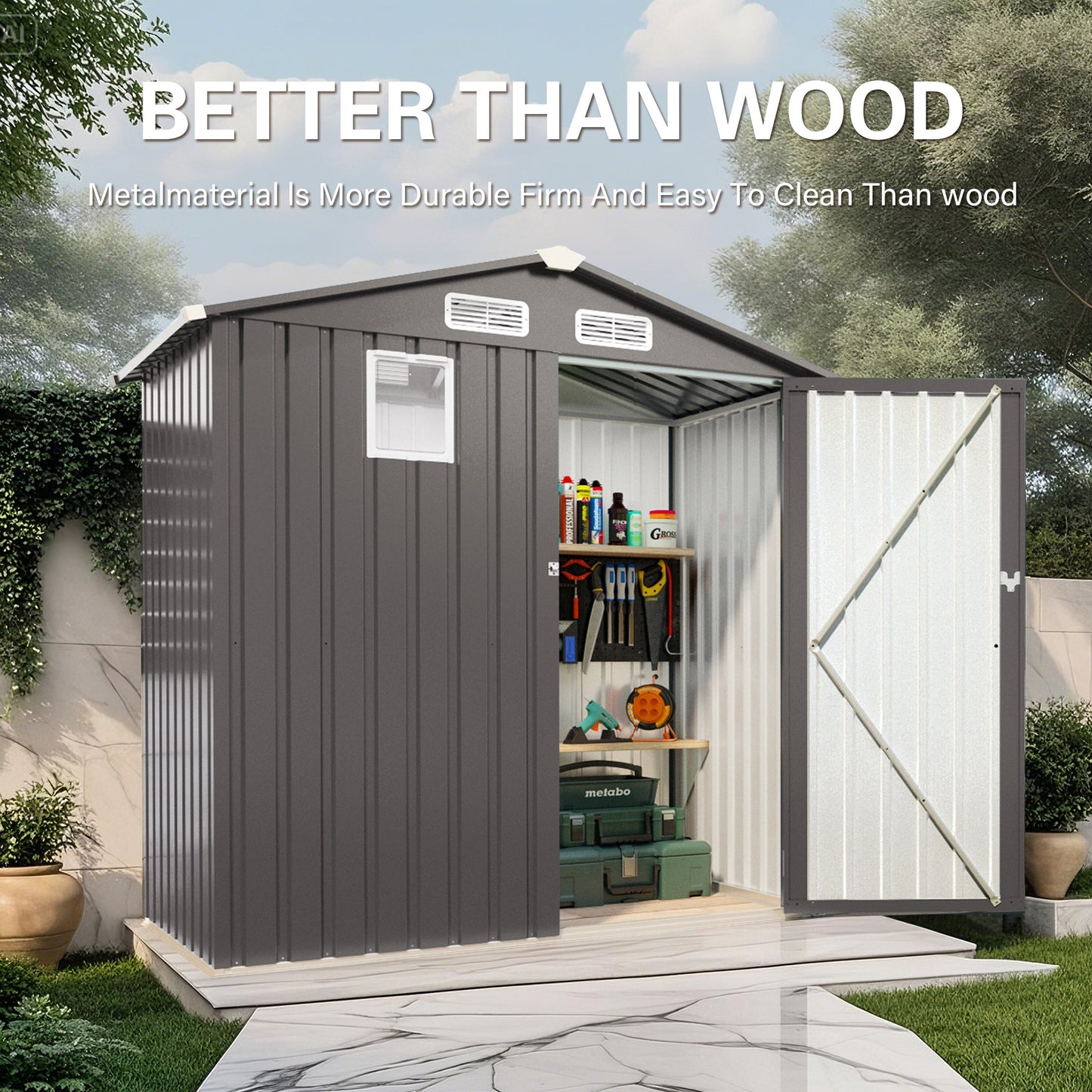 6X 3.5FT Metal Outdoor Storage Shed, Tool Shed with Pitched Roof Watertight with Positive Window and Lockable Door Compact Metal Tool Room for Garden, Backyard, Patio, Sundries and Bike Storage, Gray