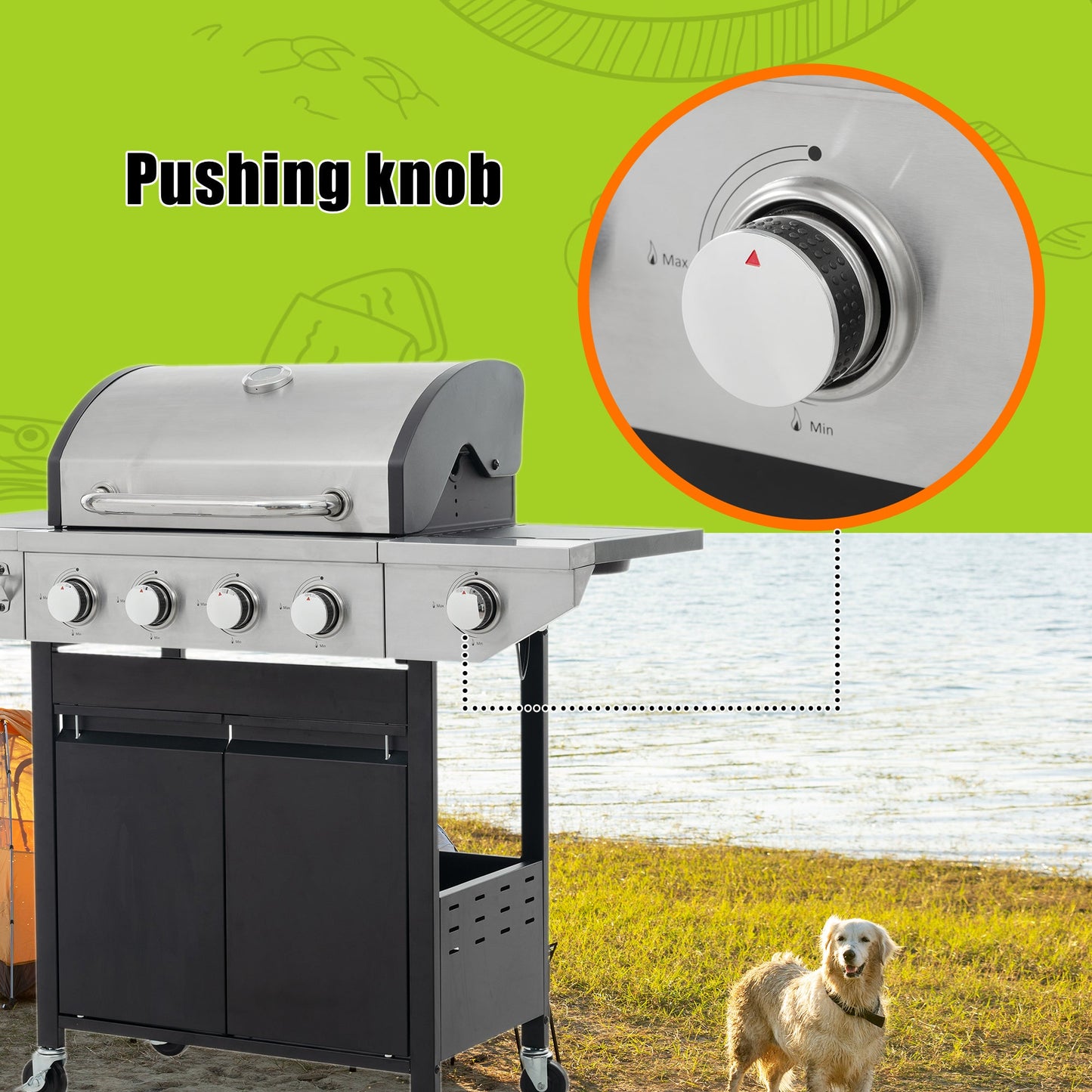 Propane Grill 4 Burner Barbecue Grill Stainless Steel Gas Grill with Side Burner, 46,500 BTU Outdoor Cooking, Patio, Garden Barbecue Grill, Black and Silver