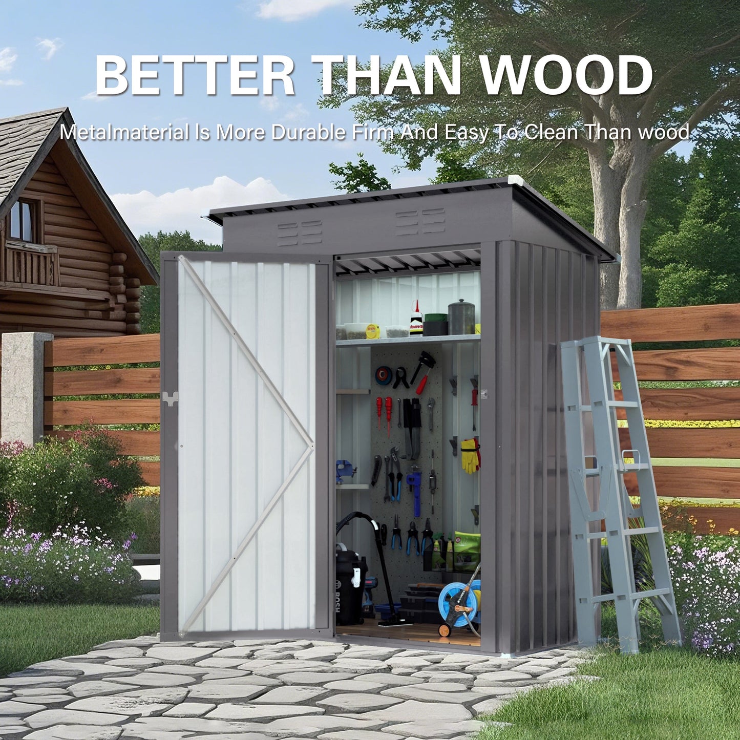 5x3 FT Durable Metal Shed Outdoor Storage Shed with Pitched Roof and Lockable Door, Gray