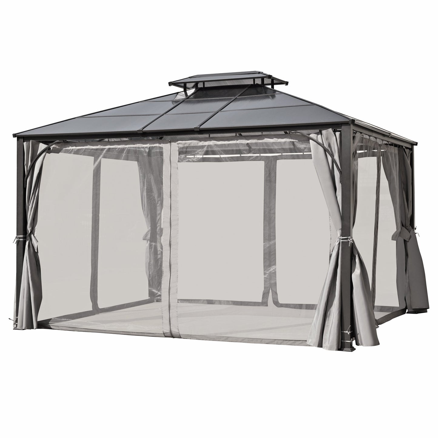 TREXM 10'x12' Hardtop Outdoor Gazebo, Heavy Duty Double Roof Patio Gazebo with Aluminum Frame, Double-Layer Side Walls Mosquito Netting & Privacy Curtains for Patio, Garden, Backyard (Grey)