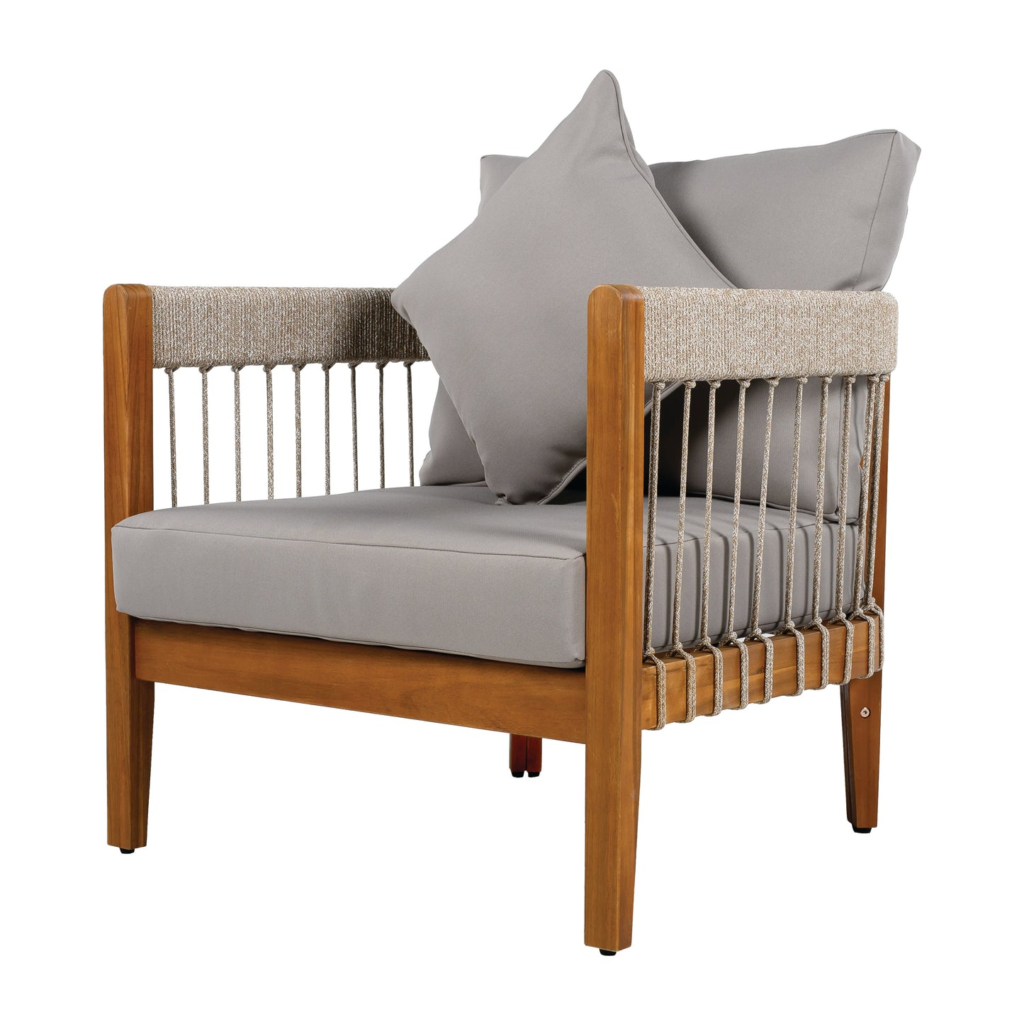 Acacia Wood Outdoor Club Chair with Handwoven Rope Accents & Curved Backrest - Water-Resistant Boho Patio Lounge Chair with Removable Cushions for Porch, Garden
