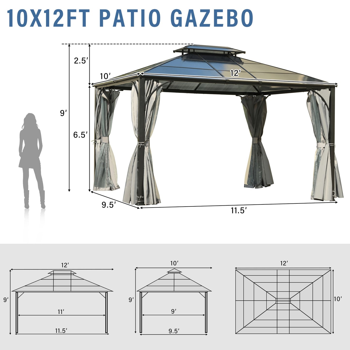 TREXM 10'x12' Hardtop Outdoor Gazebo, Heavy Duty Double Roof Patio Gazebo with Aluminum Frame, Double-Layer Side Walls Mosquito Netting & Privacy Curtains for Patio, Garden, Backyard (Grey)