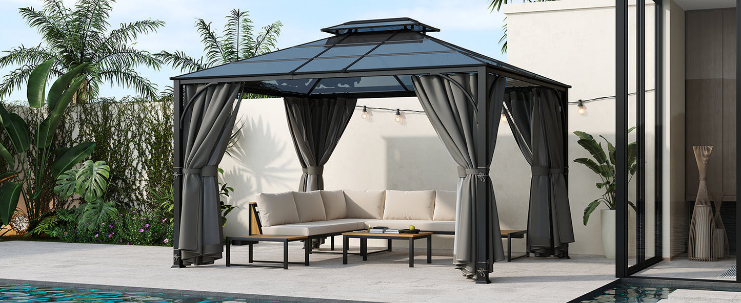 TREXM 10'x12' Hardtop Outdoor Gazebo, Heavy Duty Double Roof Patio Gazebo with Aluminum Frame, Double-Layer Side Walls Mosquito Netting & Privacy Curtains for Patio, Garden, Backyard (Grey)