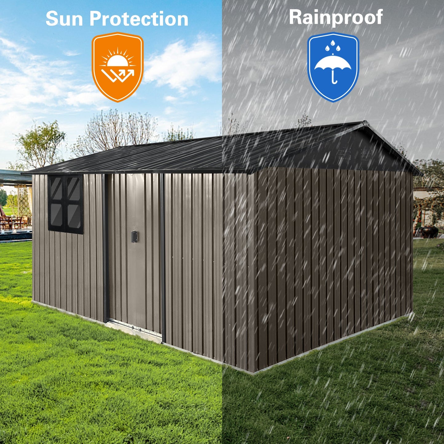 Metal garden sheds 12ftx10ft outdoor storage sheds brown with window with sliding door