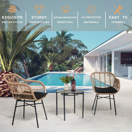 3 Pieces Of Luxury Outdoor Wicker Furniture - Patio Bistro Style Table And Chair Combination