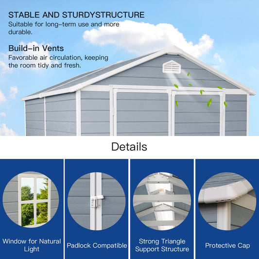 6 ft x 8 ft Resin Outdoor Storage, Plastic Garden Sheds with Floor and Lockable Door for Backyard, Lawn, Grey (W540S00021)
