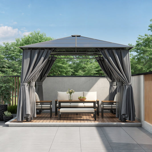 TREXM 10'x10' Hardtop Outdoor Gazebo with Polycarbonate Roof, Patio Gazebo with Aluminum Frame, Mosquito Netting and Privacy Screens for Shade and Rain, Backyard Tent for Backyard, Garden, Lawn (Grey)