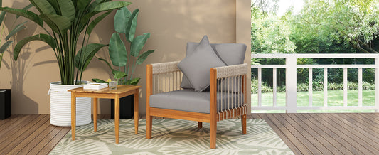 Acacia Wood Outdoor Club Chair with Handwoven Rope Accents & Curved Backrest - Water-Resistant Boho Patio Lounge Chair with Removable Cushions for Porch, Garden