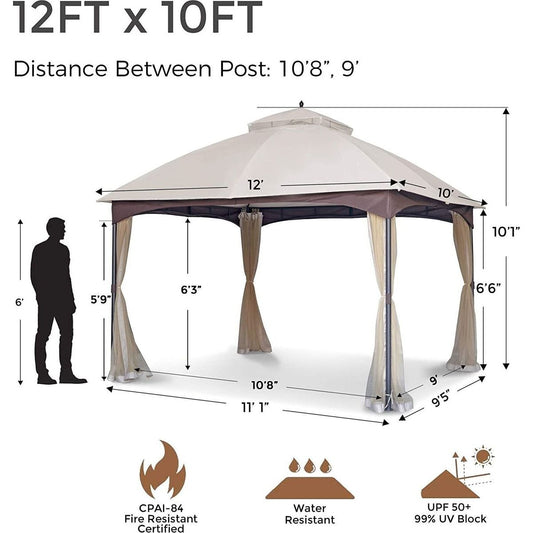 10x12 FT Softtop Metal Gazebo with Mosquito Net&Sunshade Curtains,Sturdy Heavy Duty Double Roof Canopy